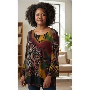 4632) Calesaa Multicolor Boho Layered  Bell Sleeve Plus Tunic Top 1X